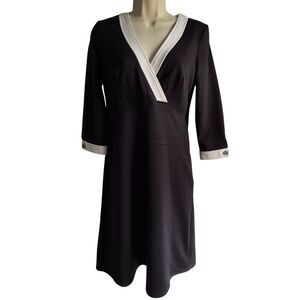 Boston Proper Black White A-Line Dress Size 8 Career Office V-Neck 3/4 Sleeve